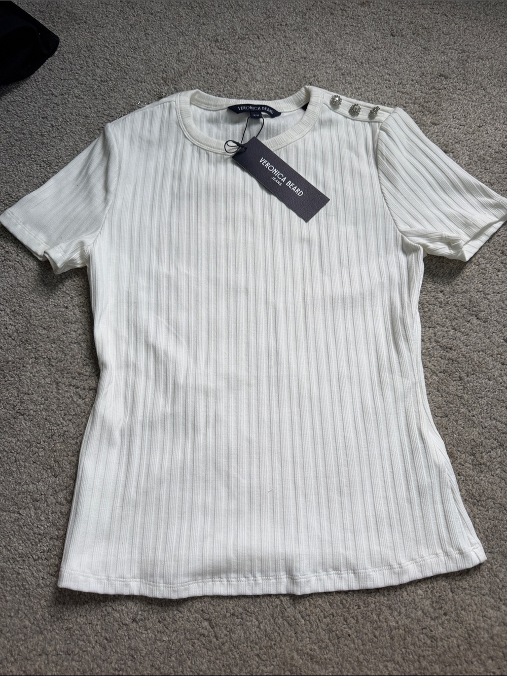 Veronica Beard Cream Ribbed Short Sleeve Tee with Shoulder Buttons